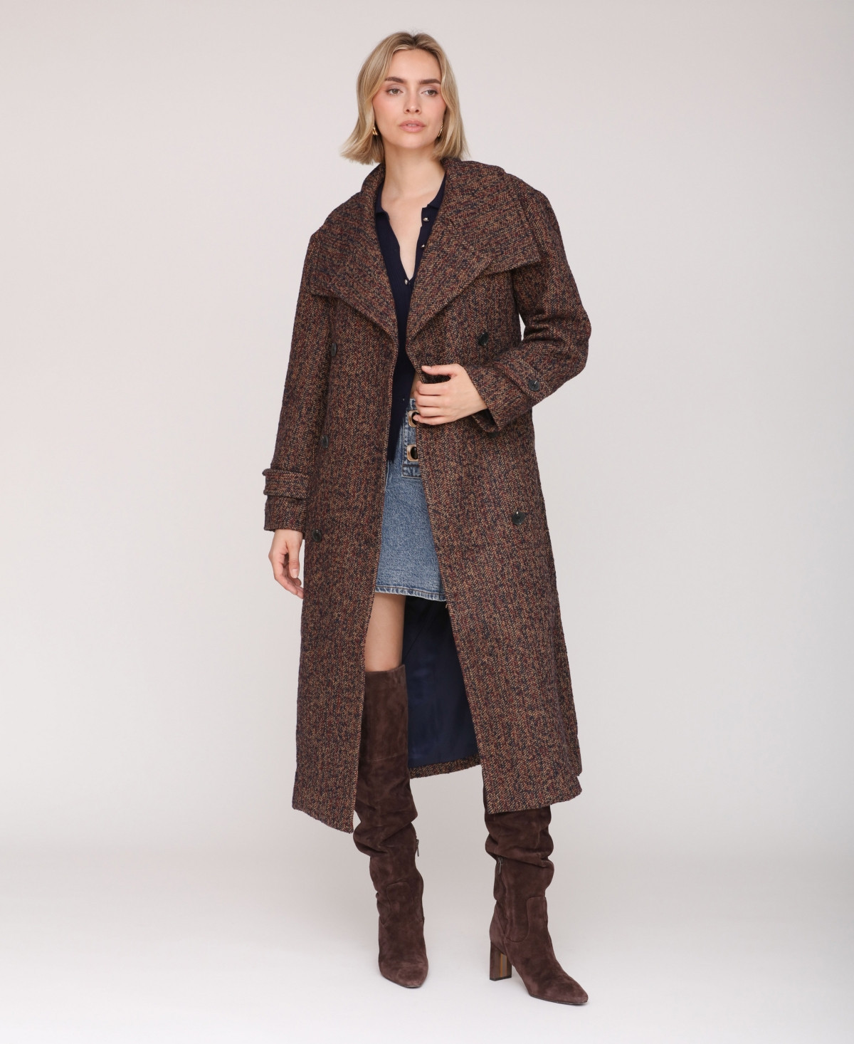 Avec Les Filles Women's Double Breasted Belted Wool Coat - Camel/Navy/Red Tweed | Macy's