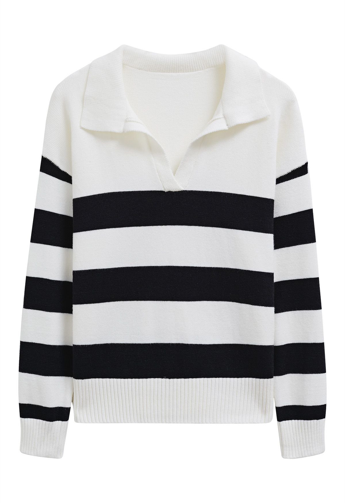 Contrast Stripe Collared V-Neck Knit Sweater in White | Chicwish