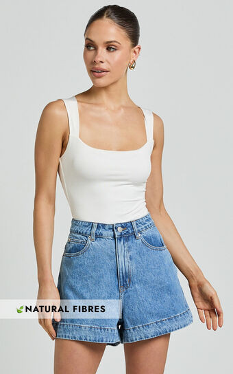 Rhianna Shorts - Mid Waist Recycled Denim Shorts in Mid Blue Wash | Showpo (US, UK & Europe)