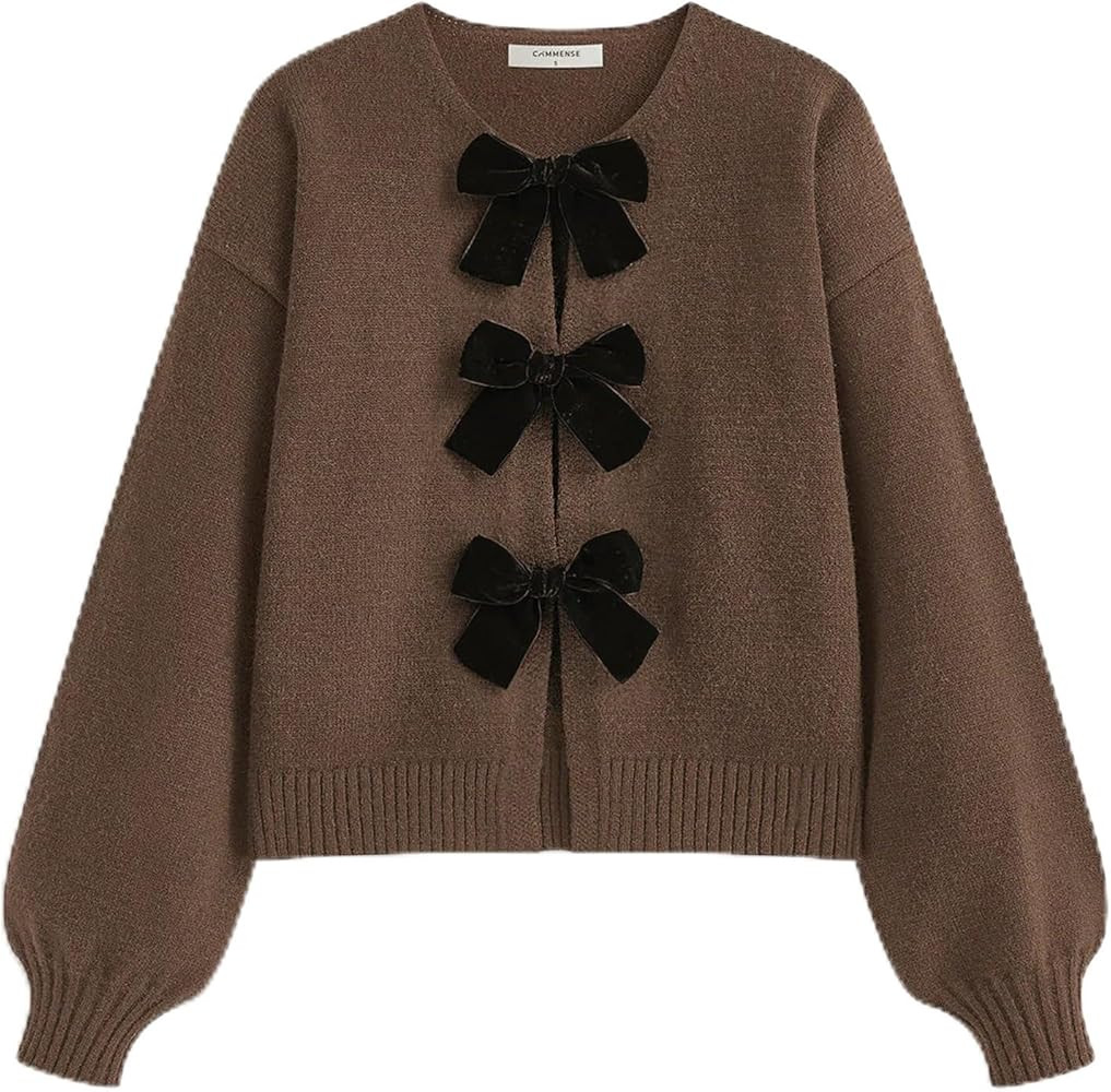 Womens Y2k Tie Front Cardigan Sweaters Bow Tie Long Sleeve Crew Neck Loose Crop Knitted Fall Wint... | Amazon (US)