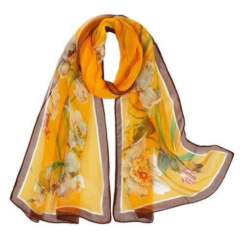 E-Clover Fall Floral Scarf for Women Lightweight Flower Brown Chiffon Sheer Scarf Fashion Chiffon Shawl Wraps Neck scarfs Yellow | Amazon (US)