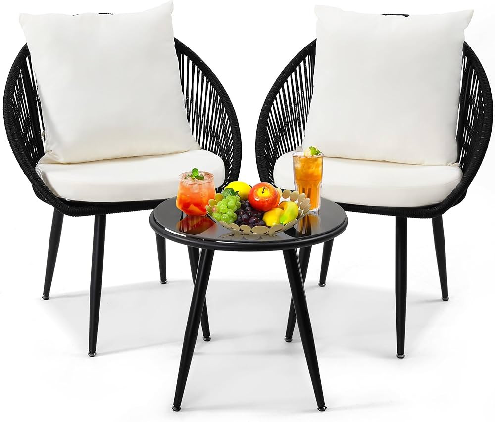 3 Pieces Bistro Set, Woven Rope Chair with Cushions, All Weather Patio Conversation Set and Side ... | Amazon (US)