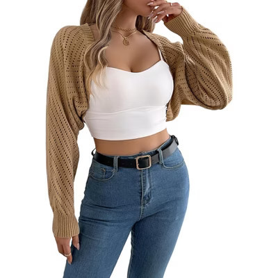Womens Open Front Ribbed Knit Cropped Bolero Shrugs Drop Shoulder Long Sleeve Loose Fit Knitted Cardigan Crochet Hollow Out Y2K Sweater Tops Khaki S | Target