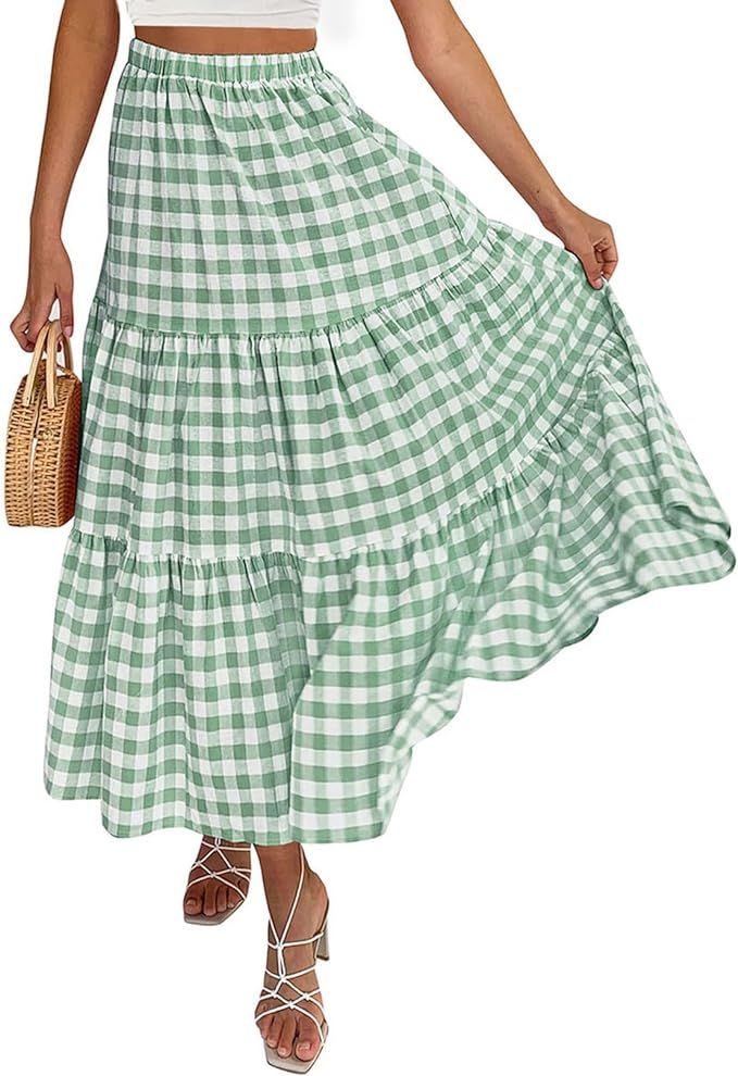 ZESICA Women's 2023 Summer Plaid Elastic High Waist Flowy A Line Maxi Skirt with Pockets | Amazon (US)