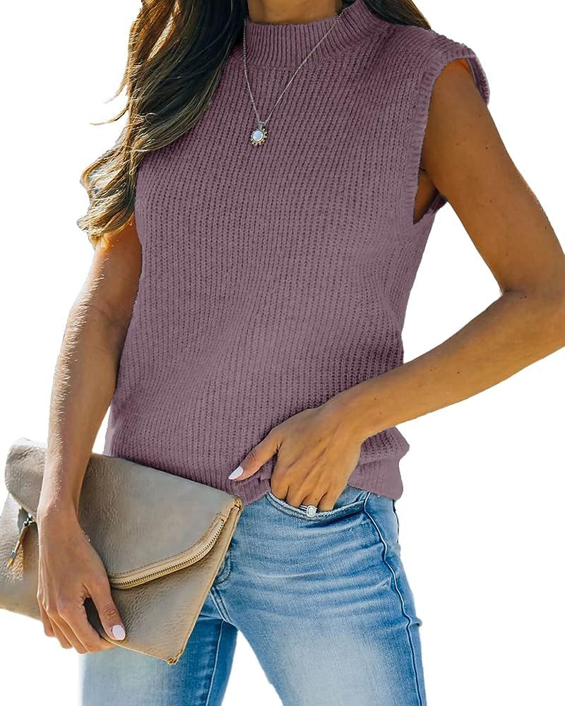 Women's Mock Neck Knit Sweater Vest Sleeveless Casual Trendy Summer Ribbed Pullover Tank Tops | Amazon (US)