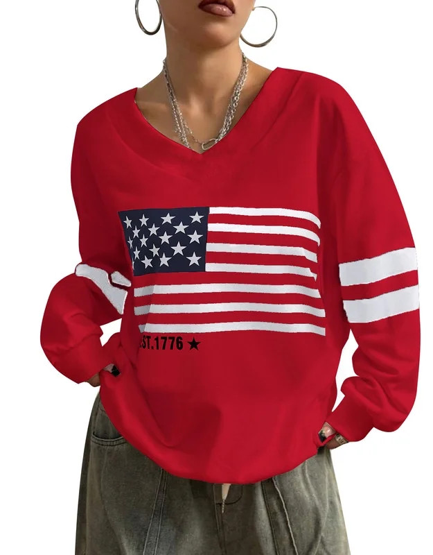 Back to Shool American Flag Graphic Sweatshirts for Women 4th of July V-Neck Off Shoulder Sweatsh... | Walmart (US)