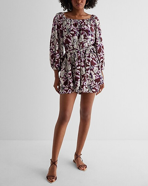 Floral Off The Shoulder Tie Waist Ruffle Romper | Express