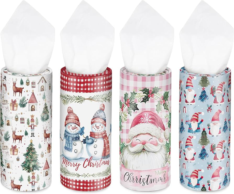 Set of 4 Christmas Car Tissue Holders - Festive Round Tissue Boxes with Santa, Snowman, Reindeer,... | Amazon (US)