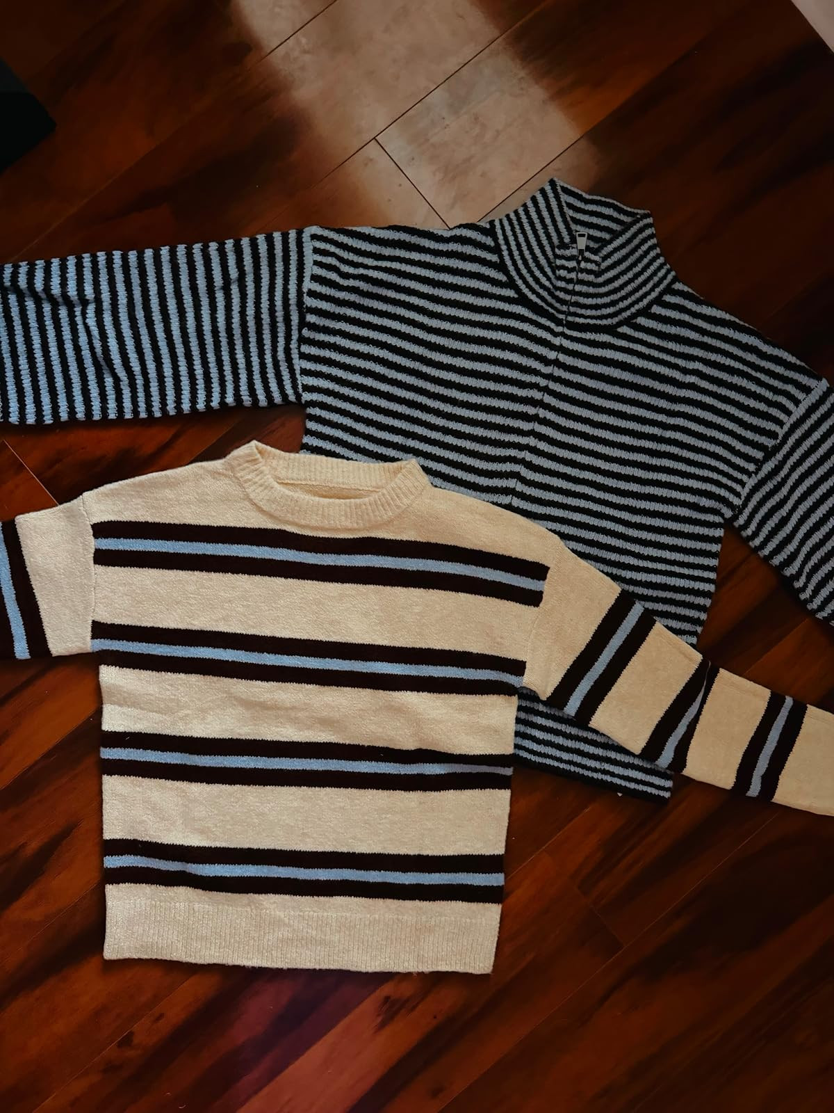 Saodimallsu Womens Striped Zip Up Sweaters Mock Neck 2026 Fall Trendy Casual Long Sleeve Loose Fi... | Amazon (US)