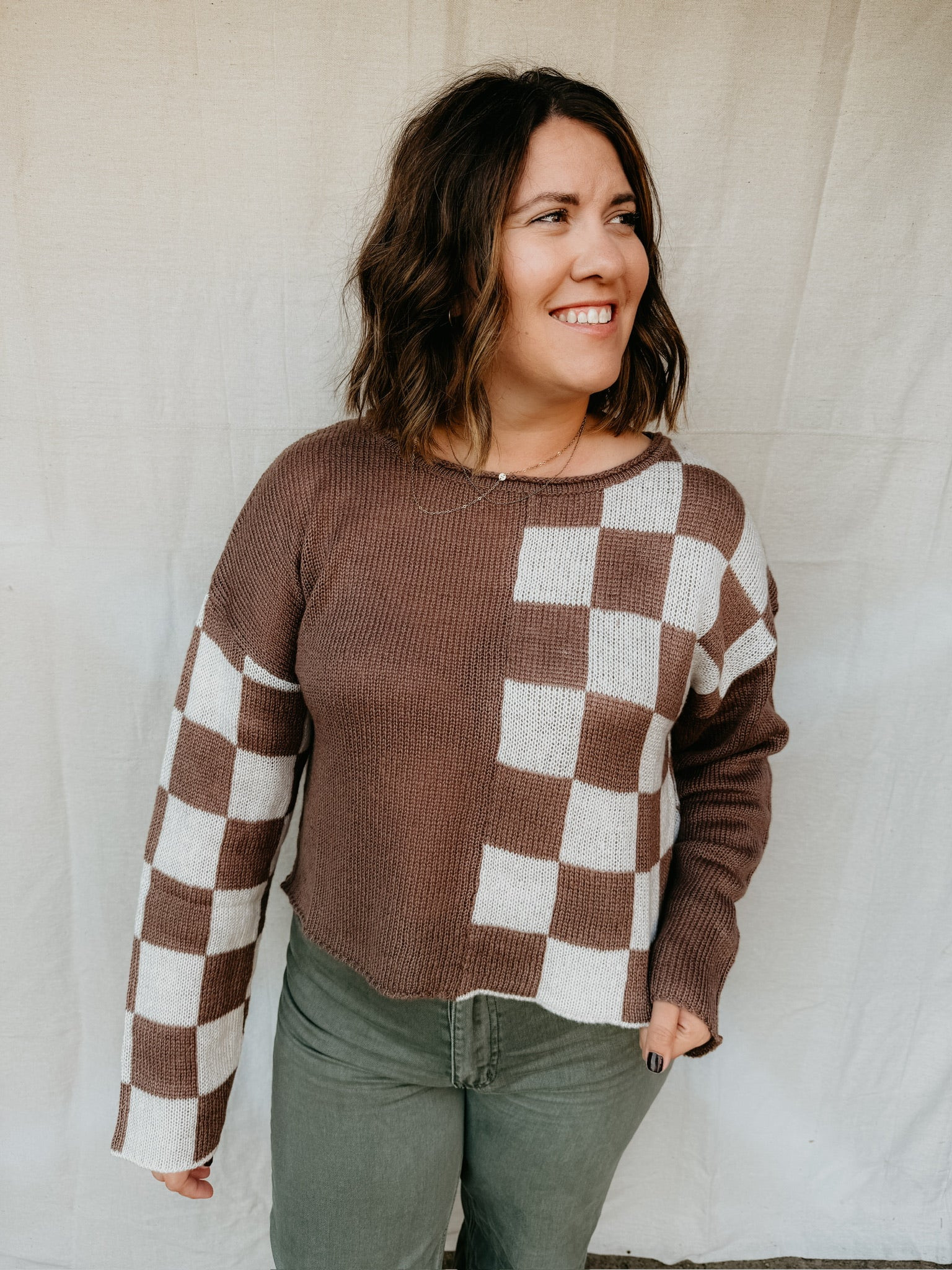 Checkered Colorblock Sweater brown / small | Quotes and Cotton