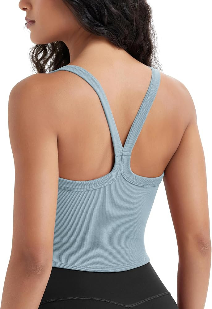 ODODOS Women's Seamless Crop Cami Wide Scoop Neck Ribbed Soft Open Racerback Cropped Tank | Amazon (US)