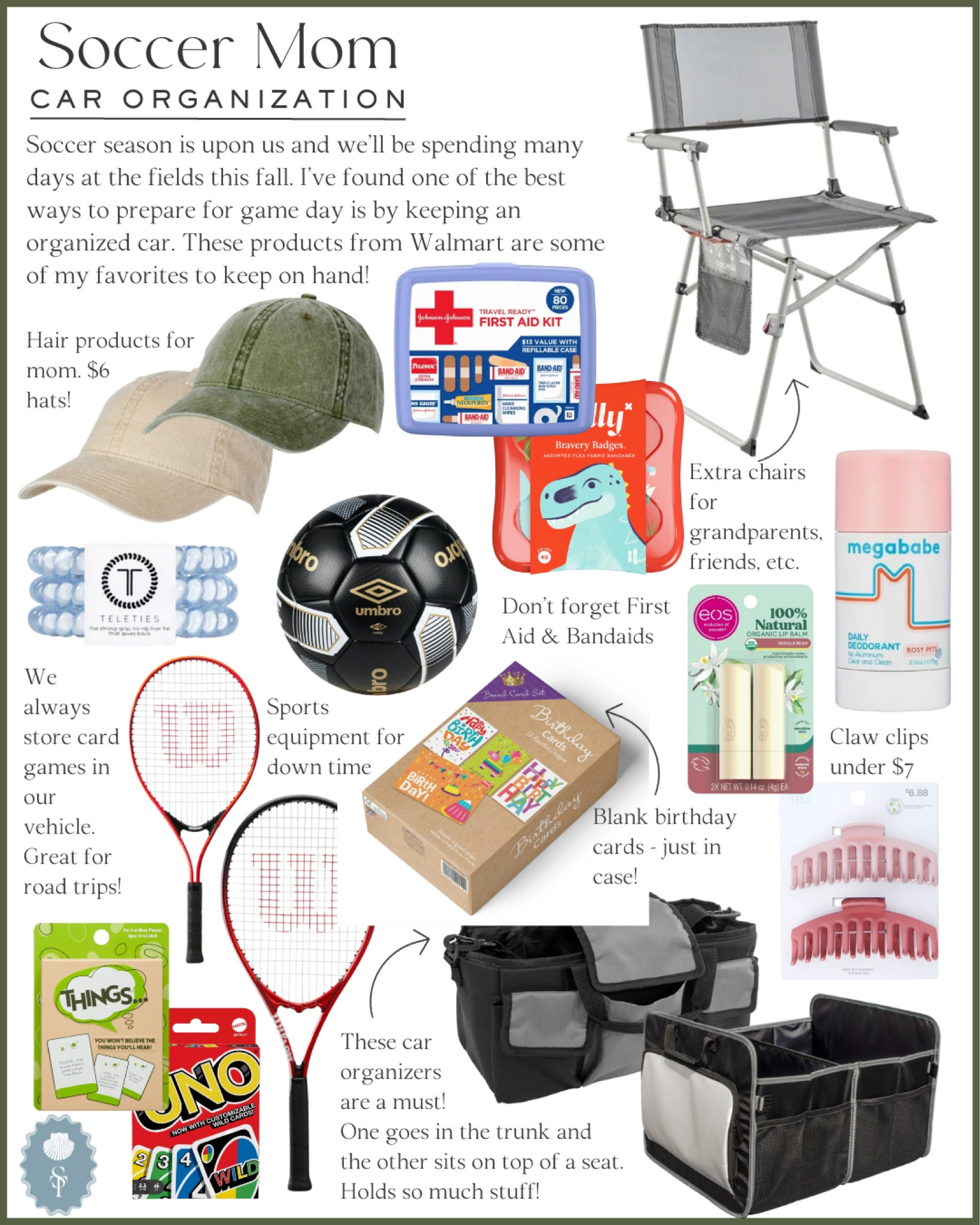 Organizational products for soccer moms. I like to store all of these products in our car - everything is found on Walmart and very affordable! 

Neutral hats for women, baseball cap, folding lawn chair, first aid kit, lip balm, Deodorant, tennis racket, soccer ball, trunk storage, car organizer, mom life, affordable, Walmart finds #walmart #momlife #car #organization #soccermom 

#LTKkids #LTKfindsunder50 #LTKfamily