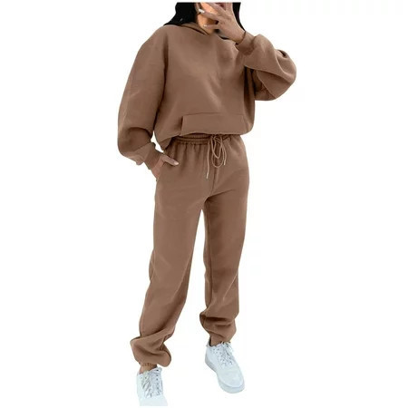 ZQGJB Women s Casual Two Piece Hoodie Sweatsuit Trendy long Sleeve Solid Color Pocket Hooded Sweatshirt Tops and Drawstring Long Pant Outfits Set Jogger Sport Tracksuit Khaki M | Walmart (US)
