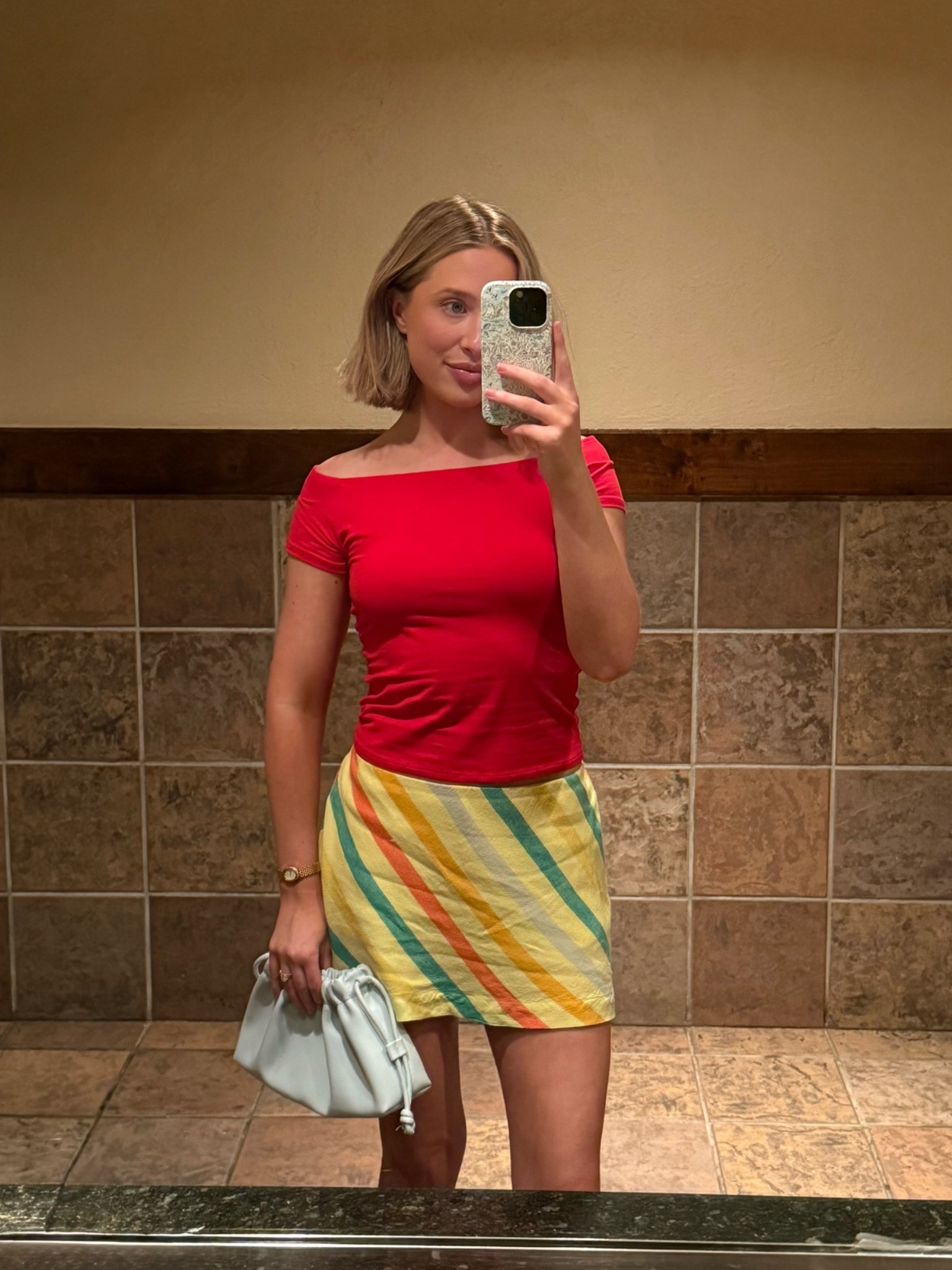 Wearing a size S in my Gap red off shoulder top
Free People striped mini skort in size M (I sized up, I’m typically a S)
Handbag is out of stock from H&M (linked other cute options!)
Amazon gold watch & light blue heeled sandals

#LTKootd