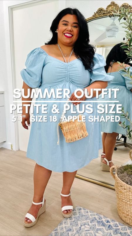 $34 PLUS SIZE SUMMER WALMART DRESS/ Smiles and pearls is wearing a 16 in the dress and a size 9 in the wedges. This Chambray Dress comes in sizes 14-28. / summer outfit, summer dress, white wedges, wedged sandal, Pearl wicker bag, wicker bag, pink lipstick, summer barbecue outfit, forth of July outfit 

#LTKunder50 #LTKcurves #LTKSeasonal