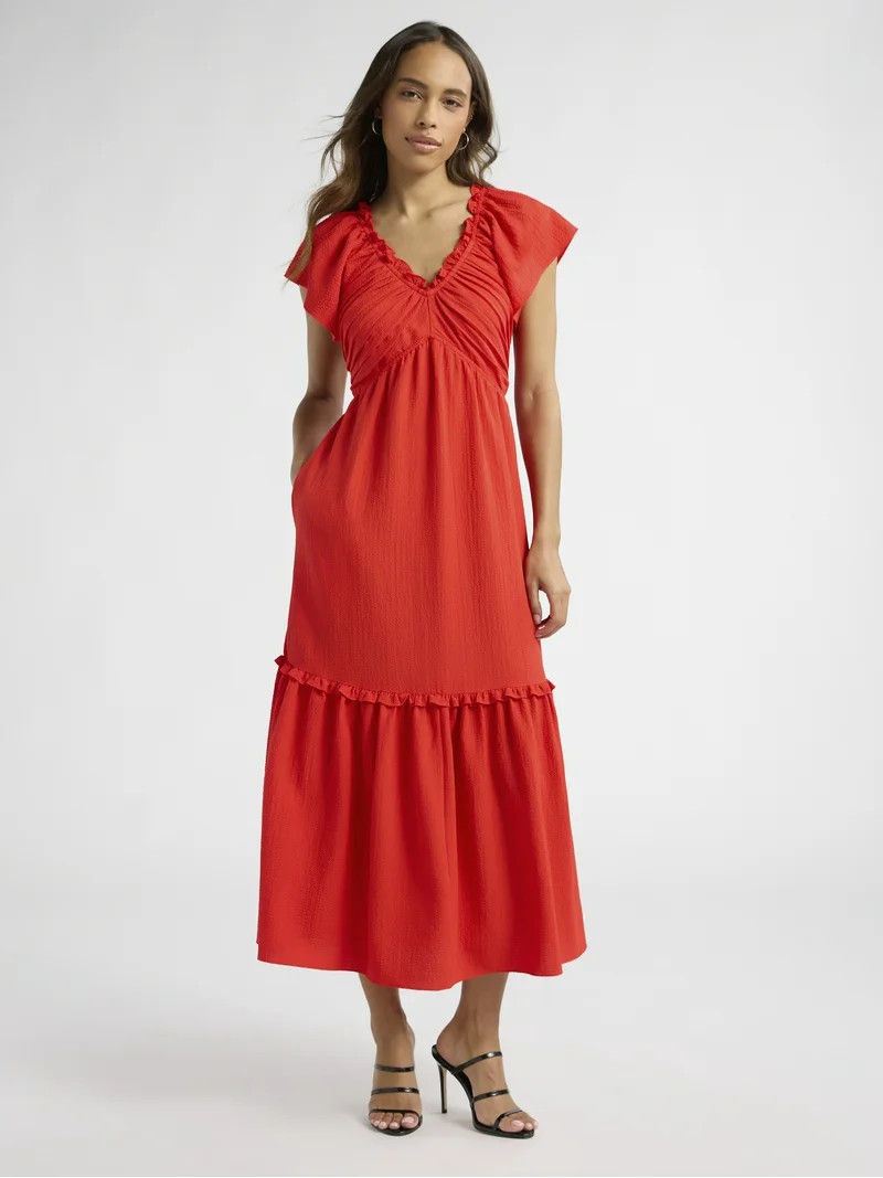 Sofia Jeans Women's and Women's Plus V Neck Dress with Flutter Sleeves, Below Calf Length, Sizes ... | Walmart (US)