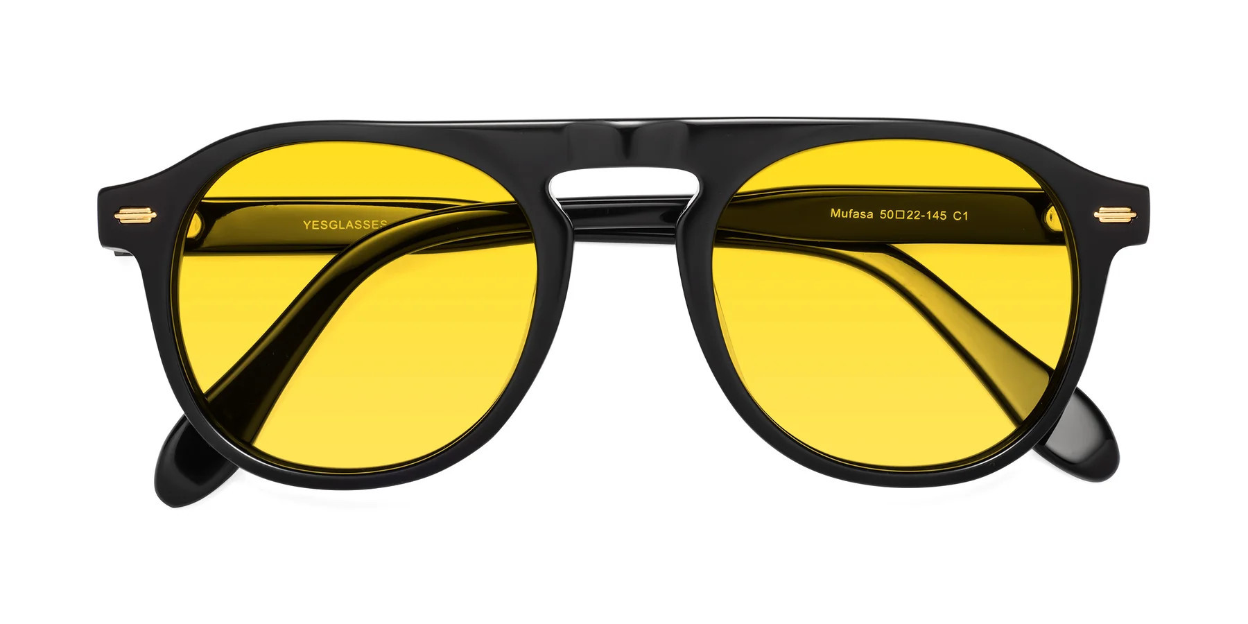 Black Browline Grandpa Round Tinted Sunglasses with Yellow Sunwear Lenses - Mufasa | Yesglasses