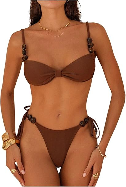 SHENHE Women's String Bikini Set 2 Piece Side Tie Ruched Beads Low Rise Padded Swimsuits | Amazon (US)