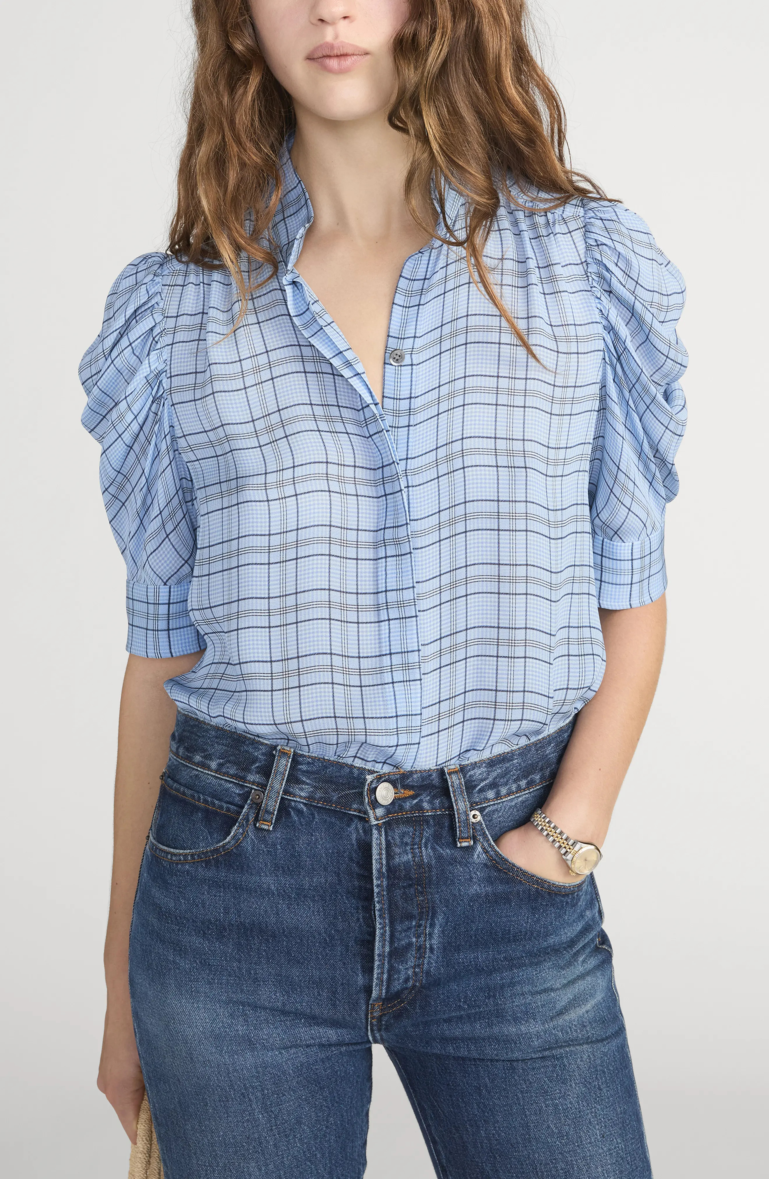 FRAME Gillian Plaid Silk Button-Up Shirt in Sky Blue Multi at Nordstrom, Size X-Small | Nordstrom
