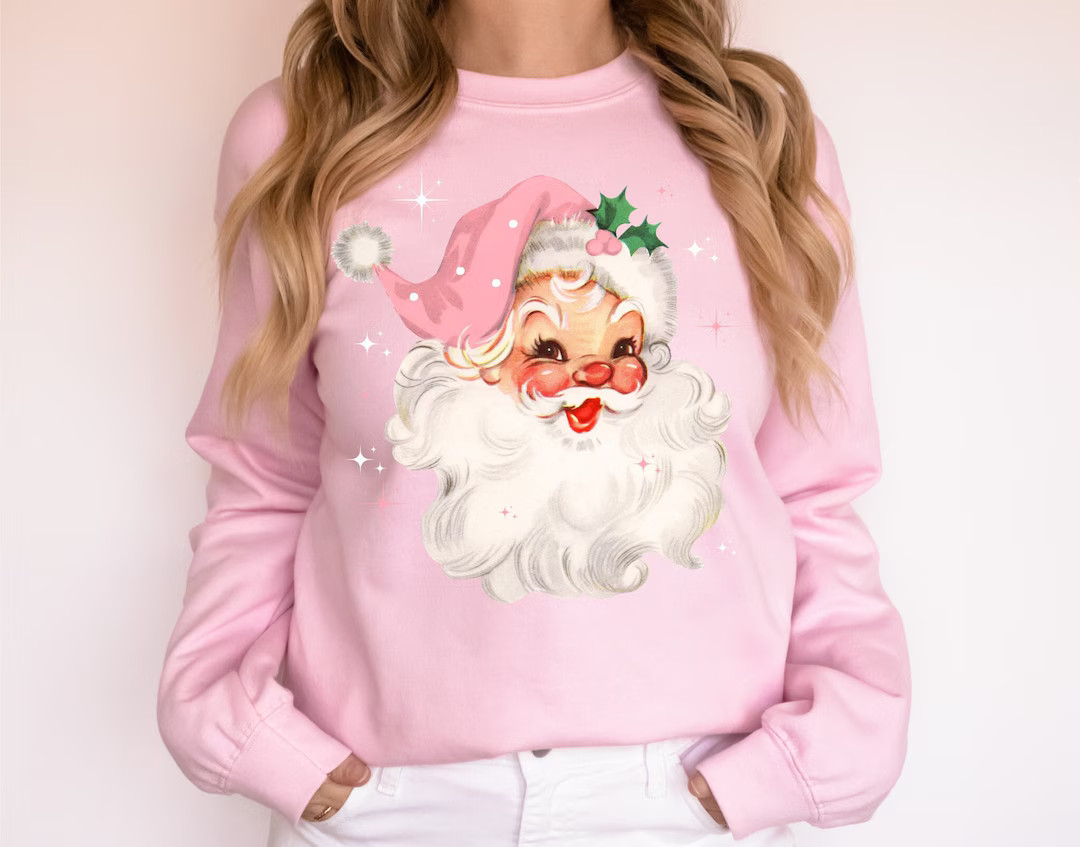 Pink Christmas Santa Sweatshirt Retro Pink Santa Hat Sweater - Etsy | Etsy (US)