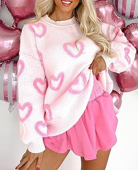 Women's Cute Heart Sweater Love Print Valentines Day Knitted Top Casual Crewneck Long Sleeve Swea... | Amazon (US)