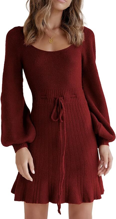 MASCOMODA Women's Fashion Lantern Long Sleeve Cutout Mini Sweater Dress Crewneck Slim Fit Solid A... | Amazon (US)
