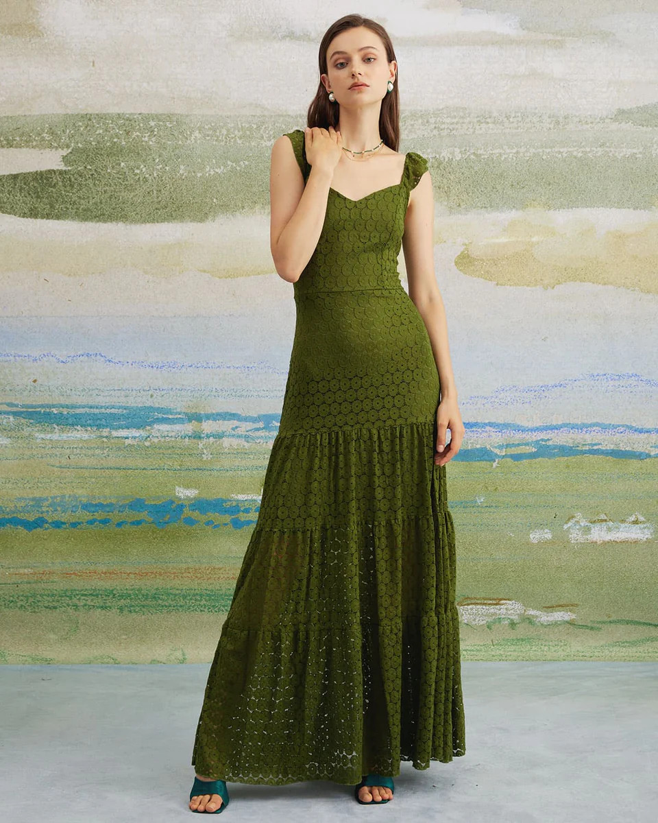 The Green Sweetheart Neck Tiered Maxi Dress | rihoas.com