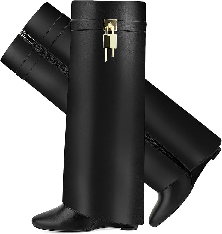 Fold Over Boots for Women Pointy Pull-on Wedge Heel Knee Shark Boot With Side Zipper Padlock Desi... | Amazon (US)
