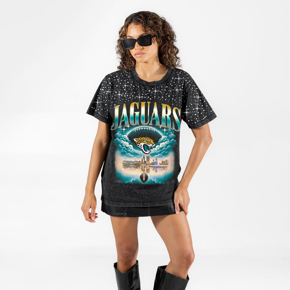 Jacksonville Jaguars Gameday Couture Women's  Sky's the Limit Washed Micro Rhinestone T-Shirt - B... | Fanatics