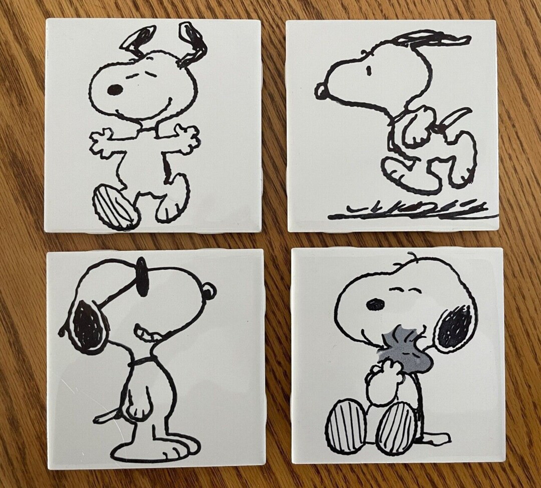 Black & White SNOOPY Ceramic Tile Coasters Engraved Set of - Etsy | Etsy (US)