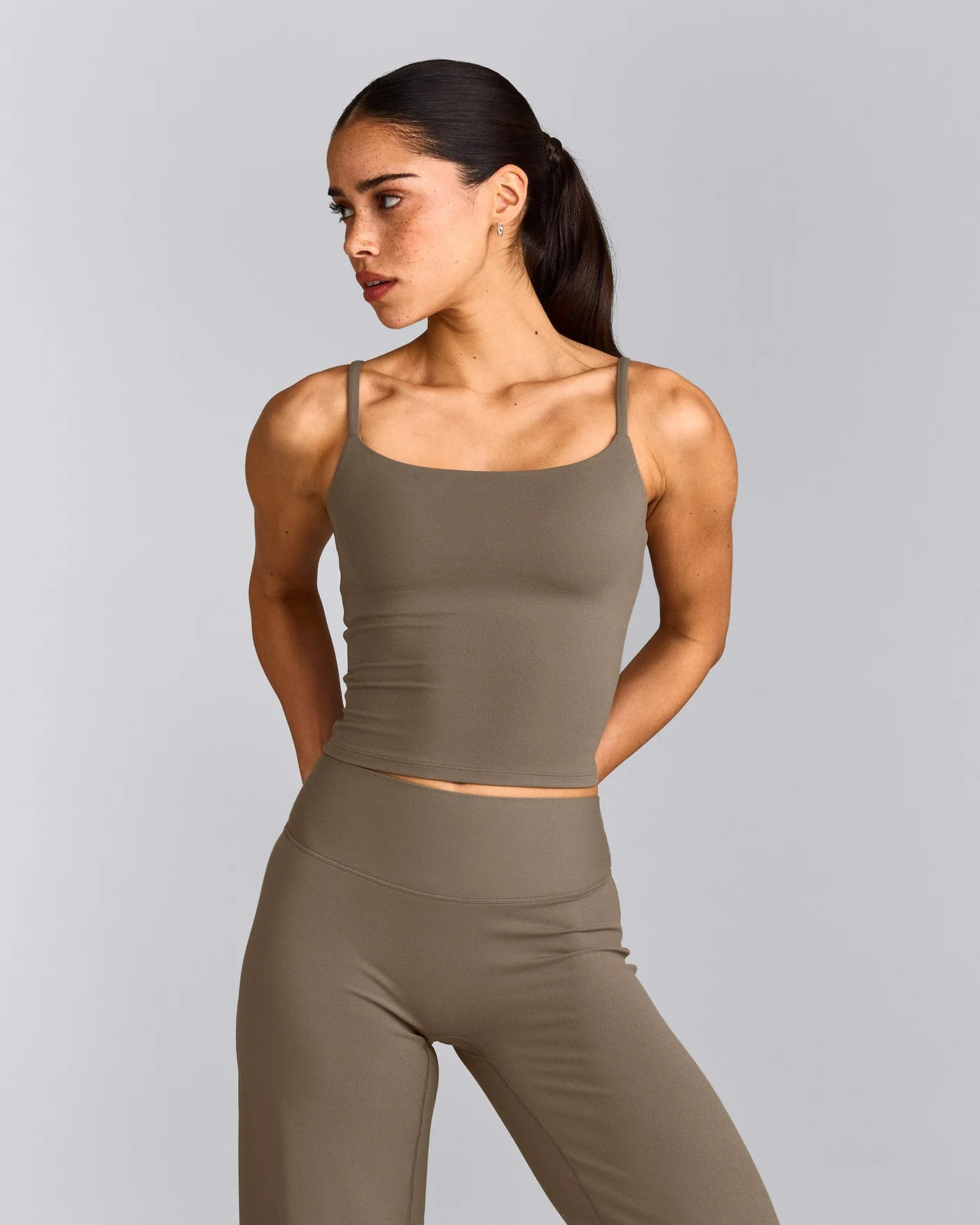 SoftMotion\u2122 Strappy Mid Tank Top with Built in Bra Shelf 
 Moss Brown | Oner Active (UK / US)