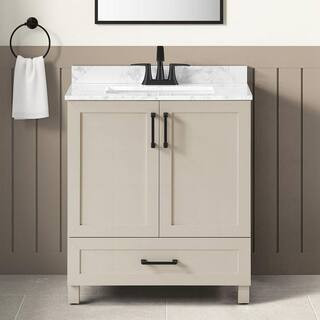 Tobana 30 in. Single Sink Beige Bath Vanity with White Engineered Marble Top (Assembled) | The Home Depot