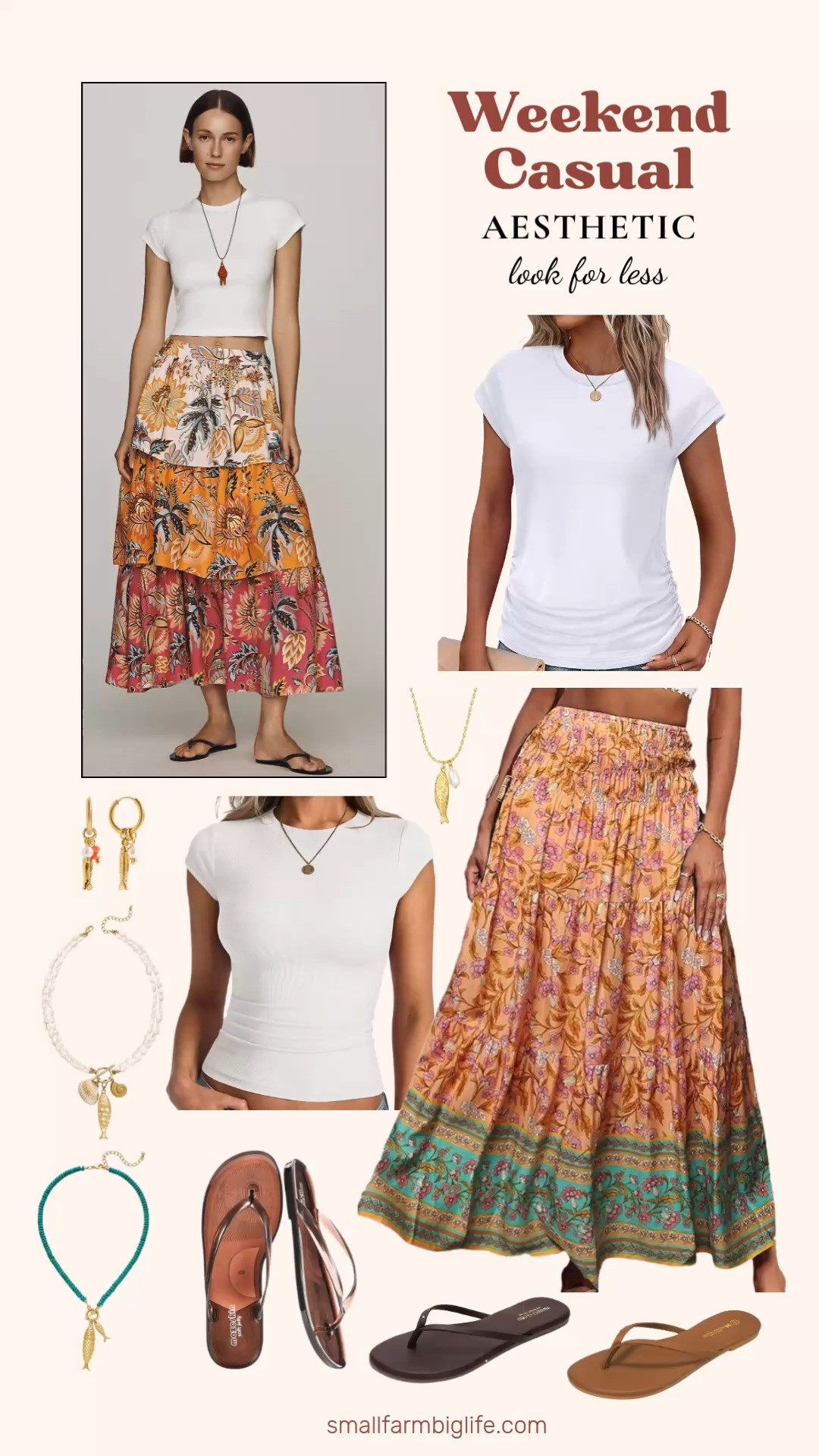 A floral boho maxi skirt in the most beautiful orange, pink, and turquoise print paired with a simple white ruched cap sleeve tee is giving all the summer vacation vibes right now. This is the kind of effortless outfit that looks like you put it together without trying and works perfectly for a beach day, a boardwalk stroll, or any casual summer outing. The coastal fish and shell jewelry in gold and turquoise beads ties the whole ocean inspired look together beautifully and the jelly and memory foam flip flops keep everything comfortable and relaxed. Tap to shop the whole look! 

 #LTKootd #LTKSeasonal #LTKOver40