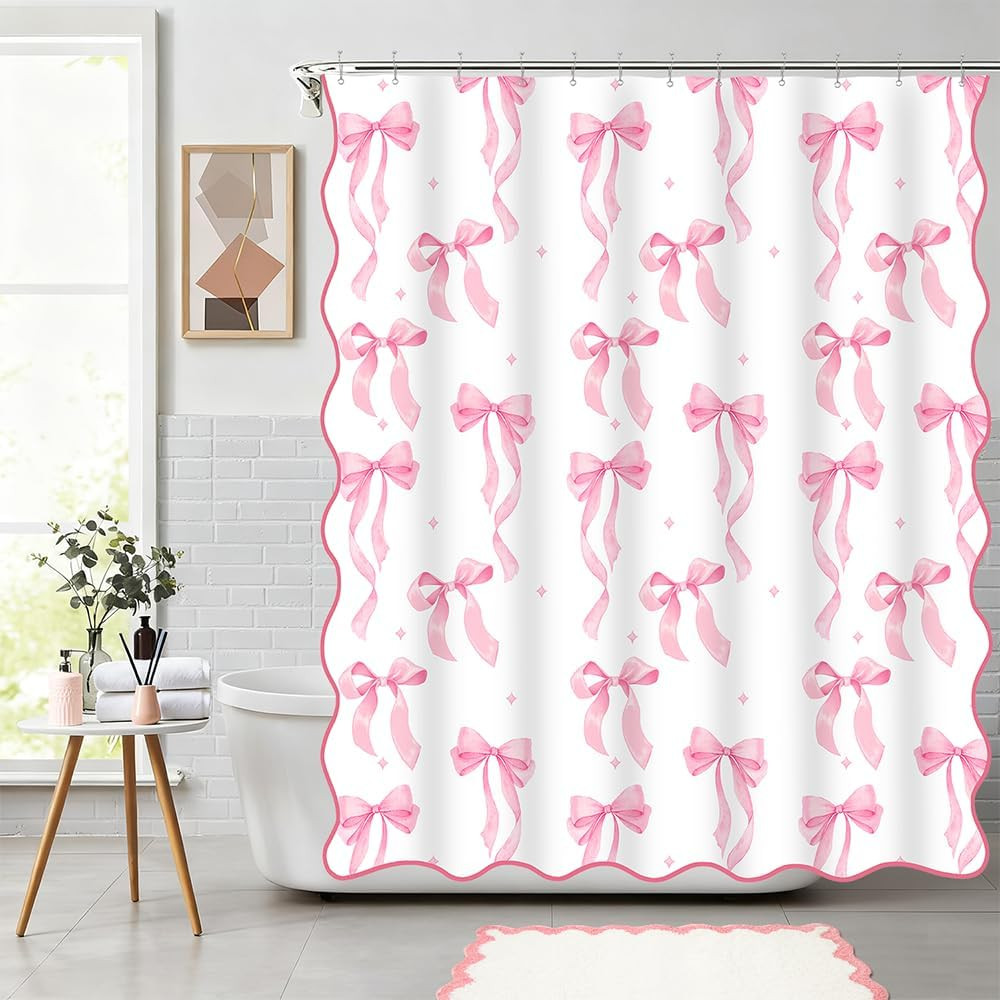 ORTIGIA Pink Bow Scalloped Shower Curtain, Cute Pink Shower Curtains Pretty Aesthetic Preppy Wate... | Amazon (US)