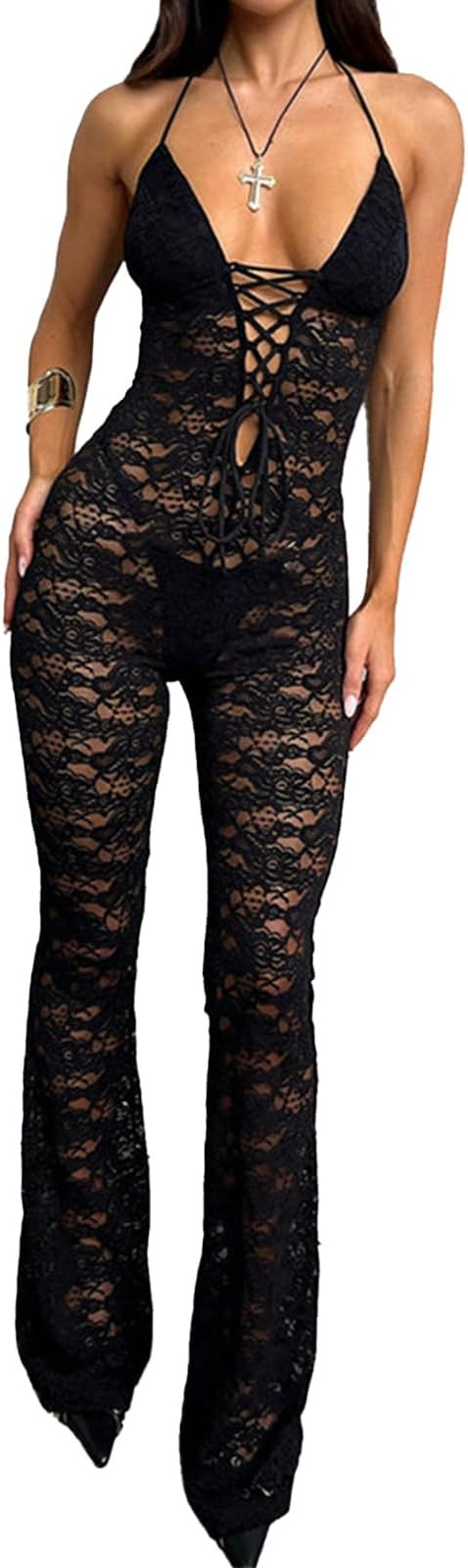 Molilove Women's Lace Jumpsuits Stretch See Through V Neck Drawstring Backless Flare Pants Romper... | Amazon (US)