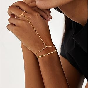 Moodear Dainty Ring Bracelet Hand Chain for Women - 14K Gold Plated/Sterling Silver Layered Adjus... | Amazon (US)