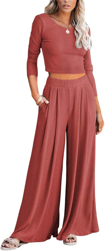 Lveberw Lounge Set Womens, Outfits Sets, Ribbed Crop Top Long Sleeve, Wide Leg Pants - Loose Swea... | Amazon (US)
