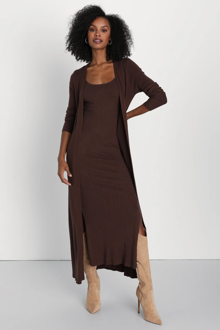 Layer Lover Brown Ribbed Knit Two-Piece Dress & Cardigan Set | Lulus