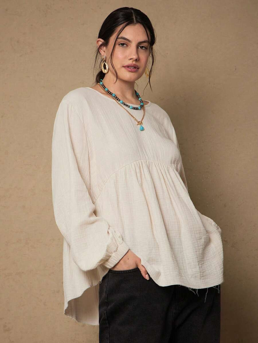 Freevana Plus Size Women's Solid Color Round Neck Lantern Sleeve Casual Smock Shirt Boho Women Cl... | SHEIN