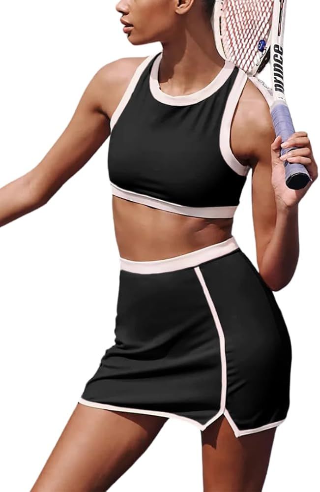 Women's Tennis Skirt Sets High Waist Tennis Skirts Built in Shorts Cutout Back Bra Top 2 Piece Go... | Amazon (US)