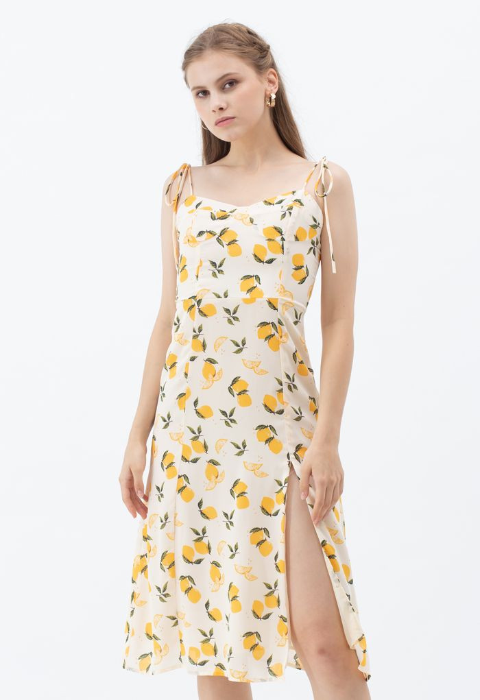 Lemon Print Sweetheart Self-Tie Cami Dress | Chicwish