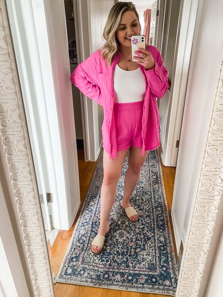 SALE ALERT! The aerie pool to party cover up is on sale for $40! 

This pink matching set is EVERYTHING! Paired it back to one of my favorite bodysuits, and these cutie slides. // vacation ourfit // cover up // spring ourfit 

Top-medium 
Bodysuit- large 
Shorts-large



#LTKFind #LTKunder100 #LTKstyletip
