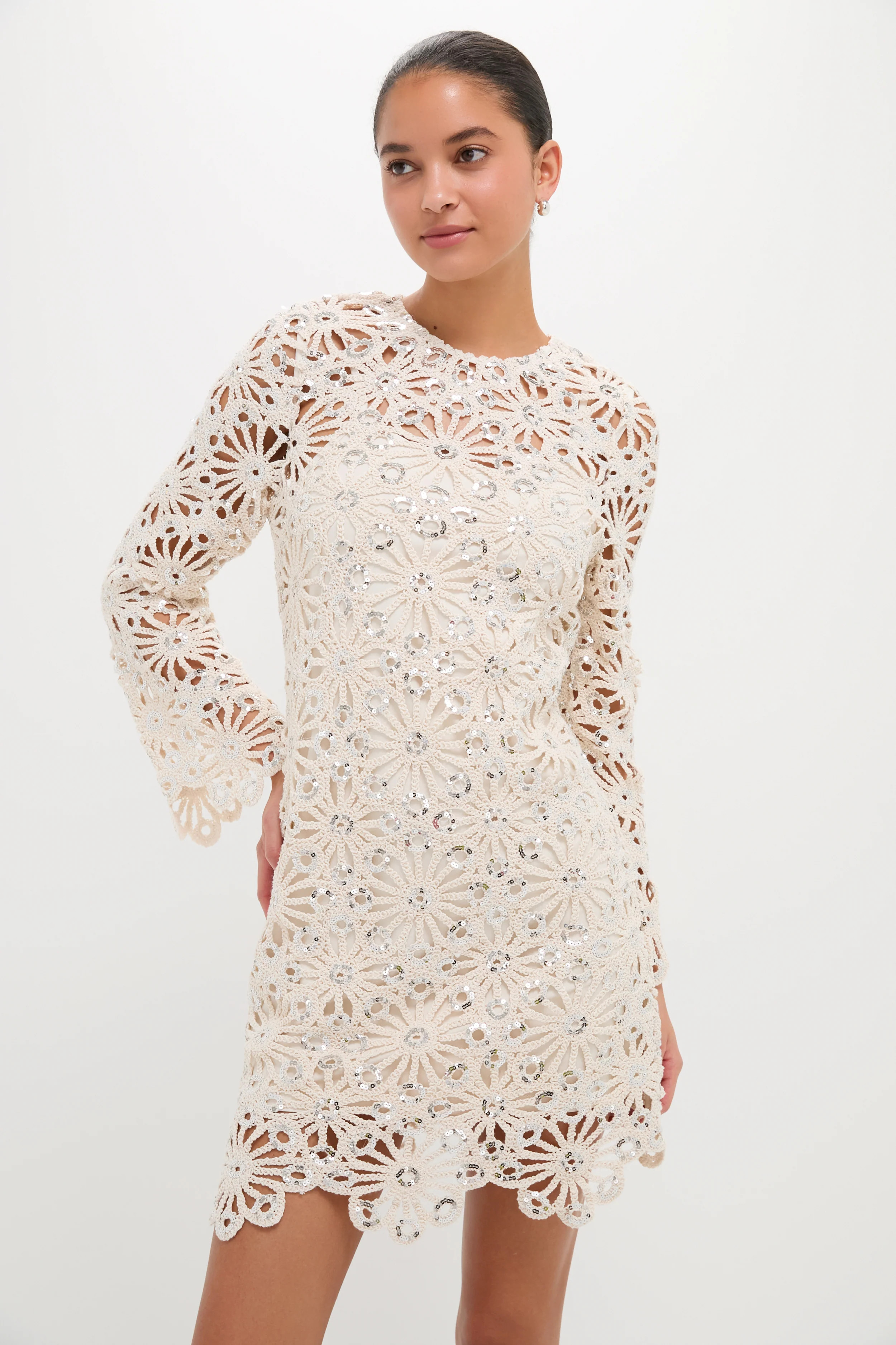 Beige Sequined Crochet Carrie Mini Dress | Tuckernuck (US)