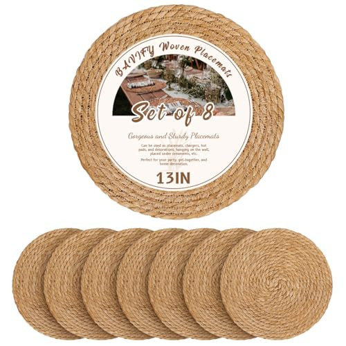 13 in Round Woven Boho Placemats Set of 8, Wicker Rattan Place Mats Chargers for Dinner Plates, Farmhouse Rustic Table Mats for Dining Table Decor | Amazon (US)