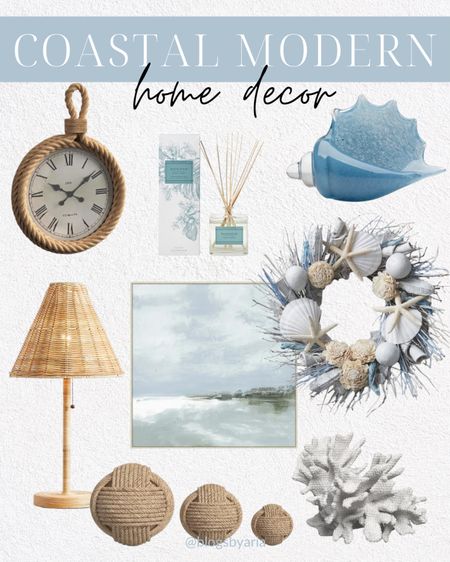 Coastal modern home decor finds for your home. Rope clock / seashell accents / rattan lamp / seashell wreath / beach watercolor / rope decorative spheres / home decor / summer decor / modern coastal decor / seasonal decor / beach house decor 

#LTKhome #LTKFind #LTKSeasonal