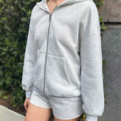 Gray Zip Up Hoodie Sweatshirt & Shorts Set, Casual & Fashionable Everyday Outfit | SHEIN