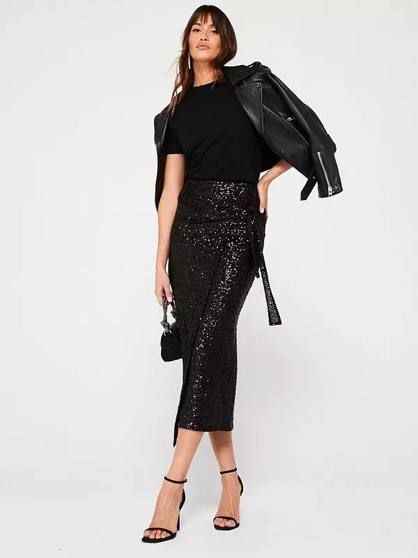 V by Very Sequin Wrap Midaxi Skirt - Black | Very (UK)