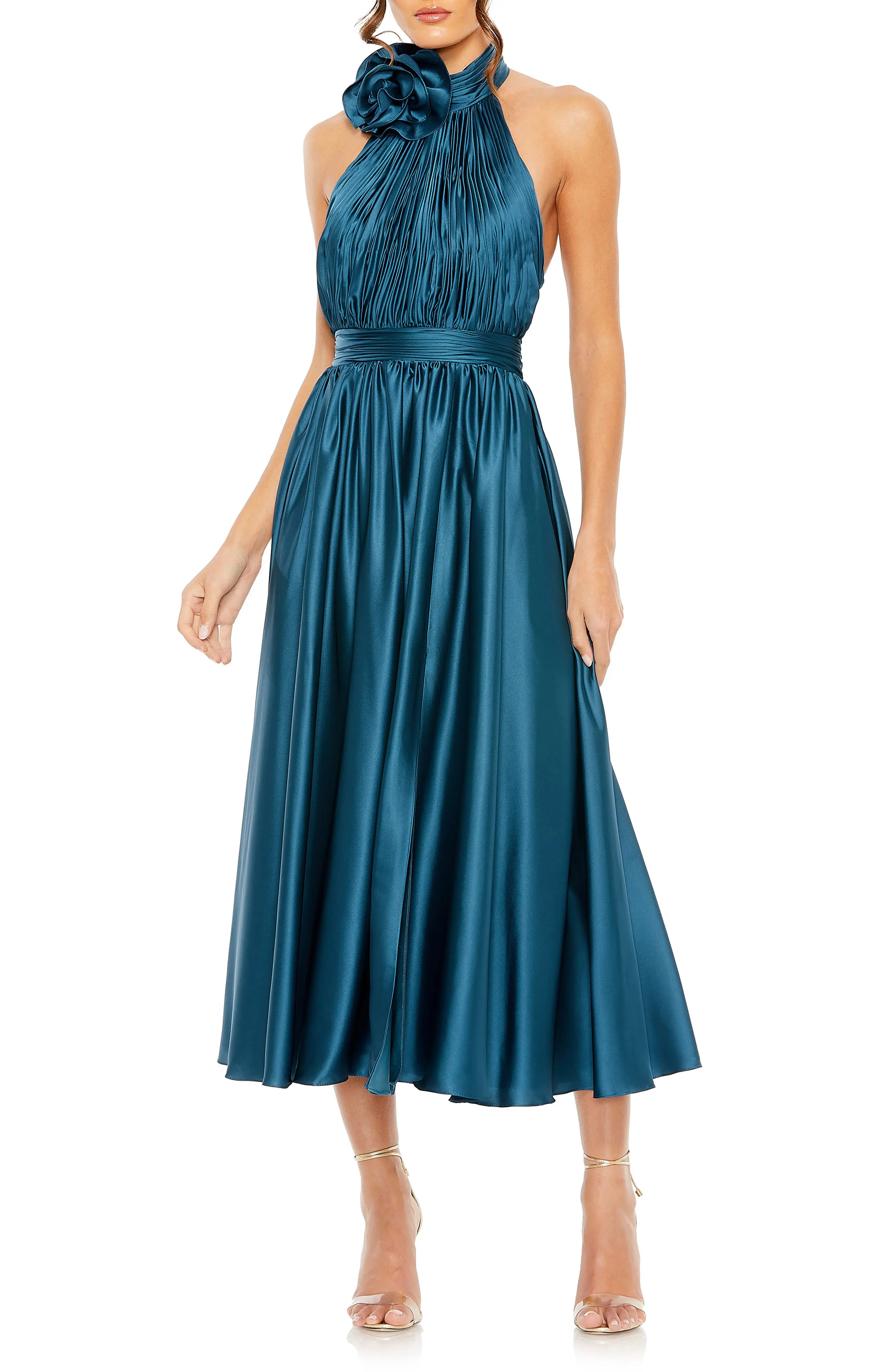 Pleated Charmeuse High Neck Sleeveless Midi Dress (Women) | Nordstrom | Nordstrom