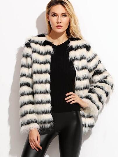 Black And White Striped Faux Fur Coat | SHEIN