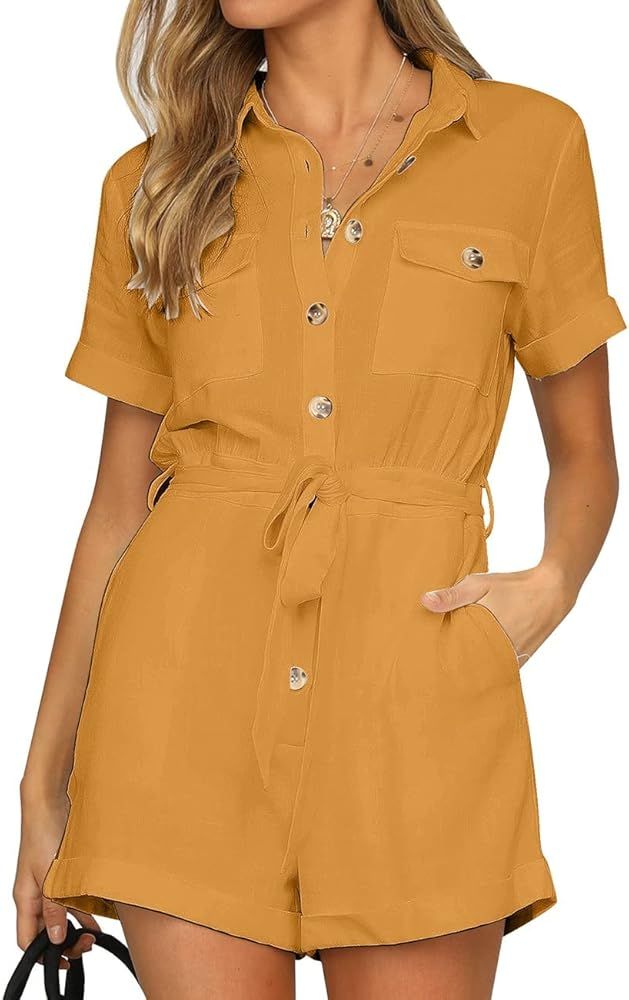 GRAPENT Women's Summer Short Sleeve Button Down Pockets Belted Jumpsuits Rompers | Amazon (US)